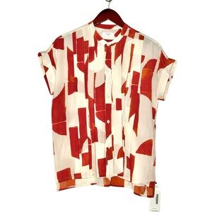 Billy Reid Silk Deco Blouse Button Down Pleated Top Abstract SZ Extra Small